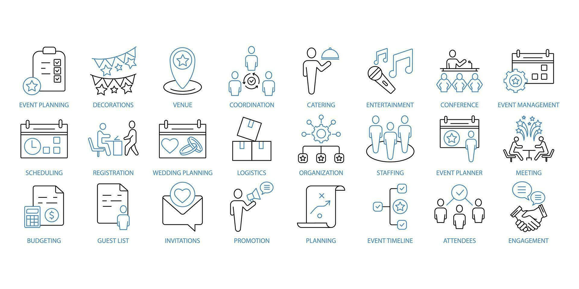 Event planning icons set. Set of editable stroke icons.Vector set of Event planning vector