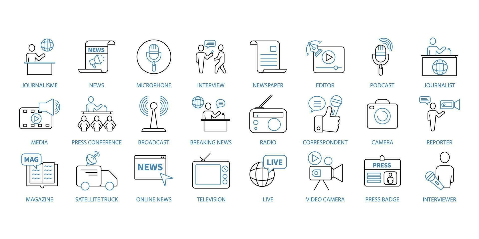 Journalism icons set. Set of editable stroke icons.Vector set of Event Journalism vector