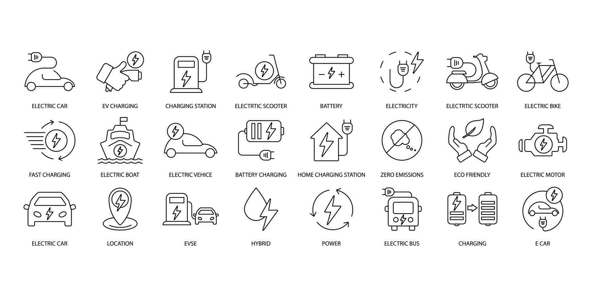 Electric vehicle icons set. Set of editable stroke icons.Vector set of Electric vehicle vector