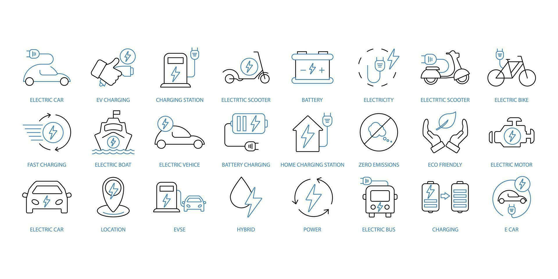 Electric vehicle icons set. Set of editable stroke icons.Vector set of Electric vehicle vector