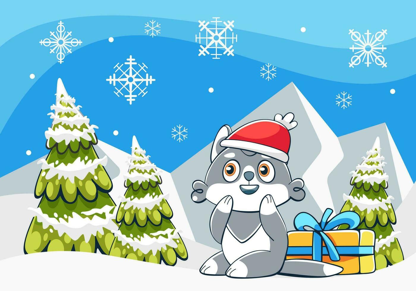 vector ilustración con un liebre, regalos y Navidad arboles en un Nevado paisaje.