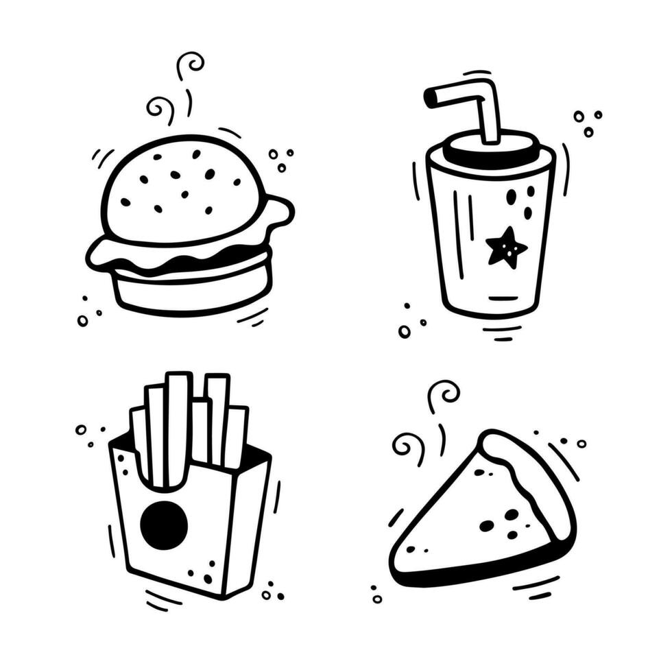 Fast food icons set - burger, French fries, paper cup with drink, pie, cake, tart, cheesecake Hand drawn fast food combo. Comic doodle sketch style. Vector illustration