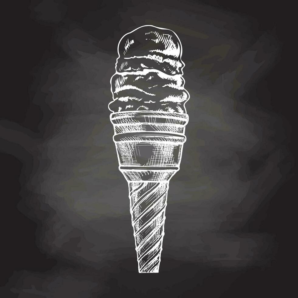 A hand-drawn sketch of a waffle cup with multi - layered frozen yogurt or soft ice cream on chalkboard background. Vintage illustration. Element for the design of labels, packaging. vector