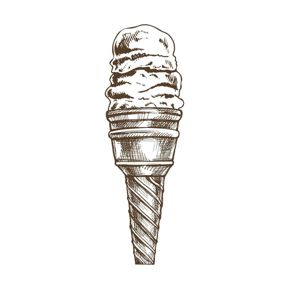 A hand-drawn sketch of a waffle cup with multi - layered frozen yogurt or soft ice cream. Vintage illustration. Element for the design of labels, packaging and postcards. vector