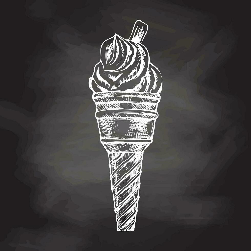 un dibujado a mano bosquejo de un gofre taza con congelado yogur o hielo crema con galletas en pizarra antecedentes. Clásico ilustración. elemento para el diseño de etiquetas, embalaje. vector