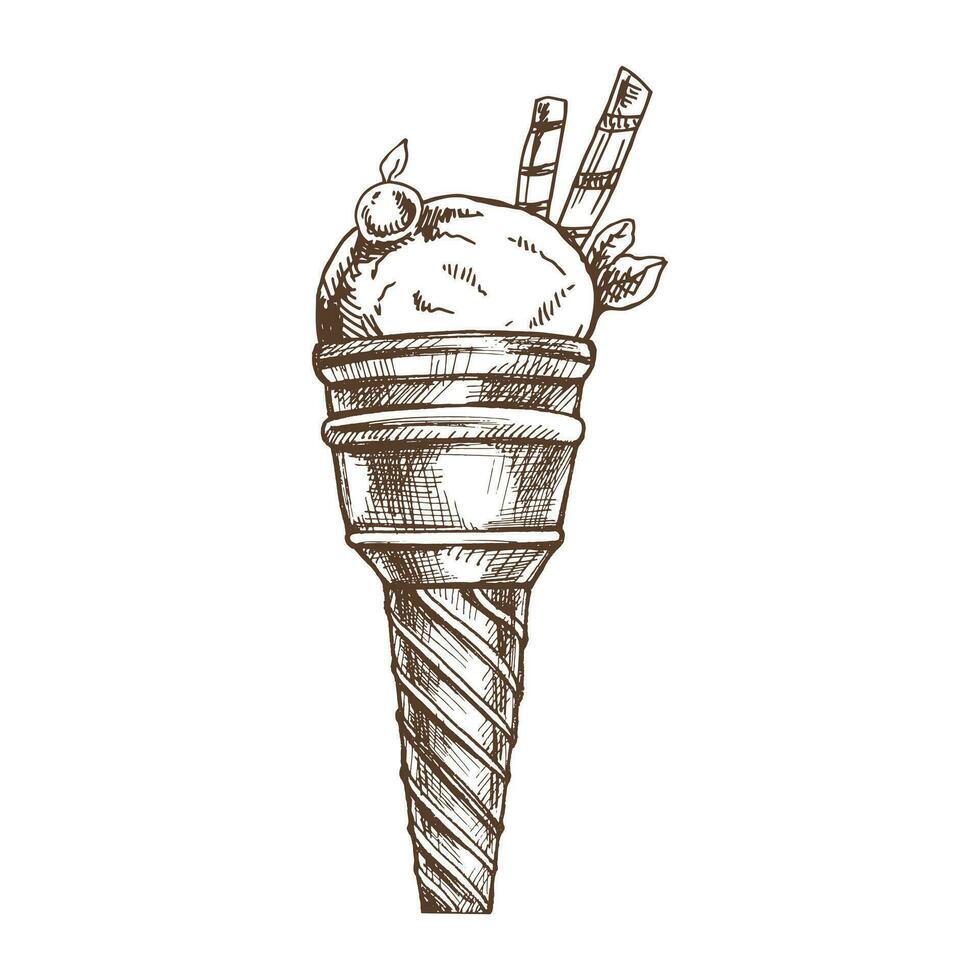A hand-drawn sketch of a waffle cup with frozen yogurt or soft ice cream with waffle tubes. Vintage illustration. Element for the design of labels, packaging and postcards. vector