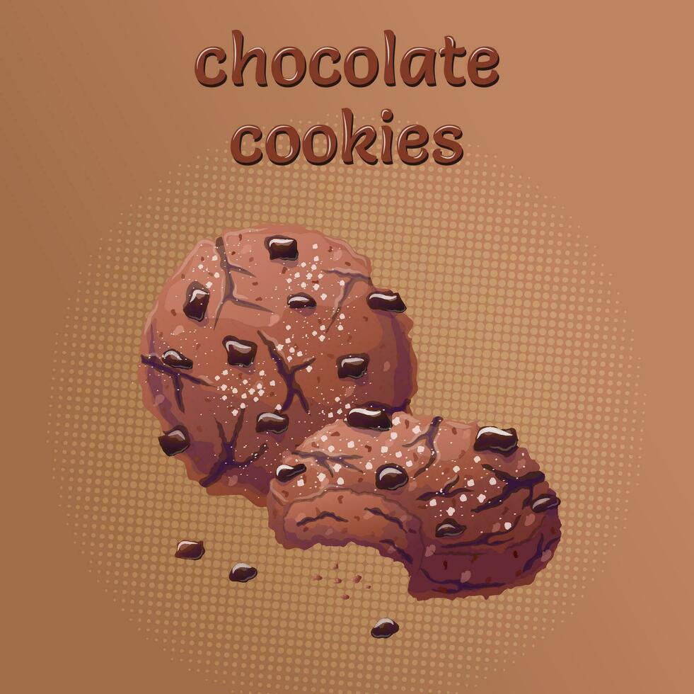Chocolate Cookies. Delicious chocolate chip cookies. Vector illustration in cartoon style.A piece of finished chocolate chip cookies with scattered crumbs. Vector layout for print, postcard, poster