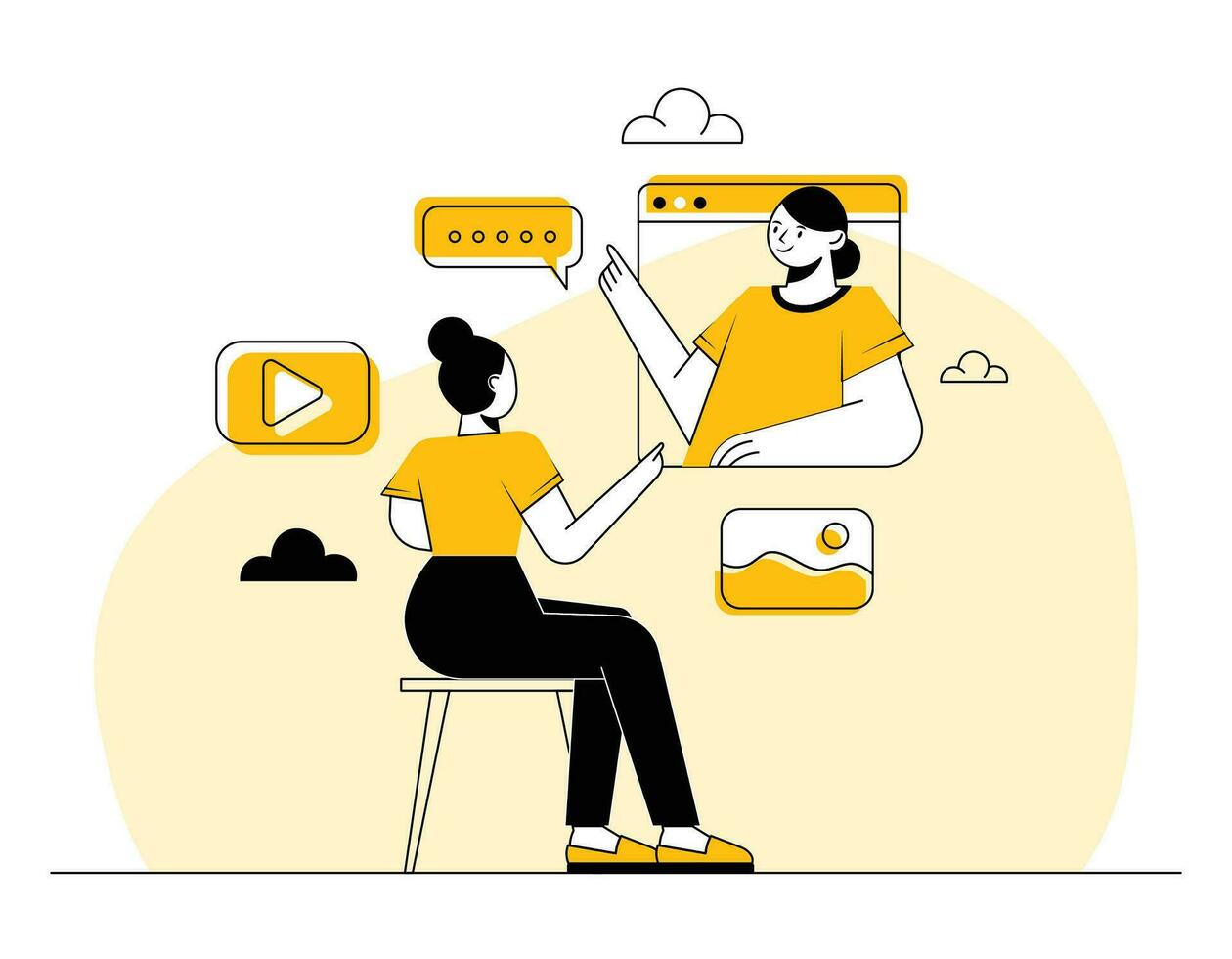 Businesspeople at video conference call, Online meeting, Virtual meeting, Chatting with friends online, Remote work, Customer service communication, Hotline operator, Distant Business communication vector
