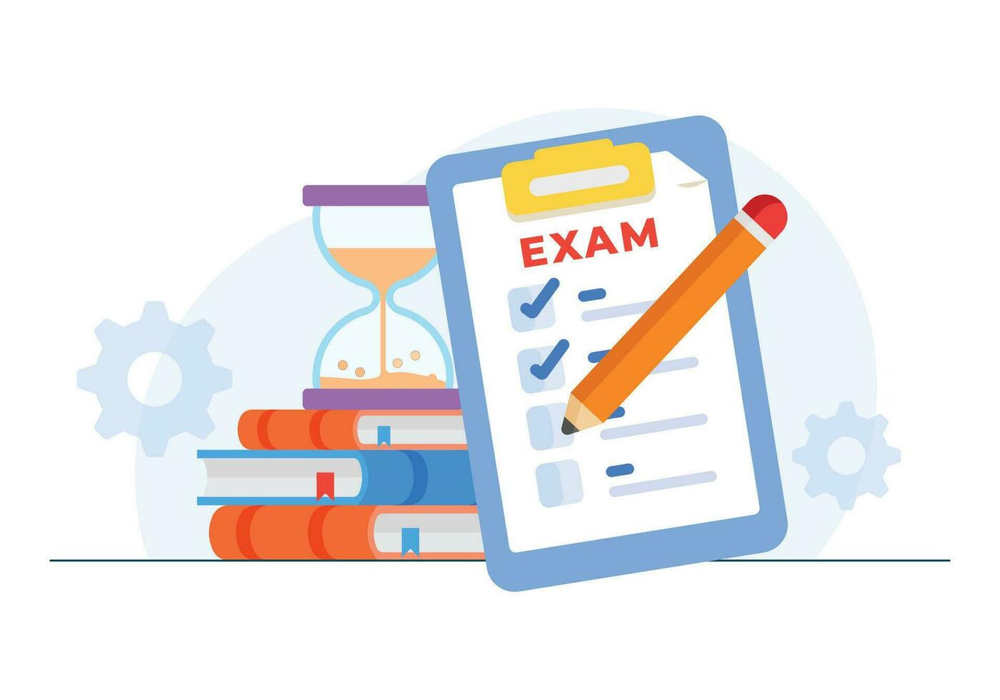 Exam concept with a checklist, books, timer, hourglass, pencil flat illustration vector