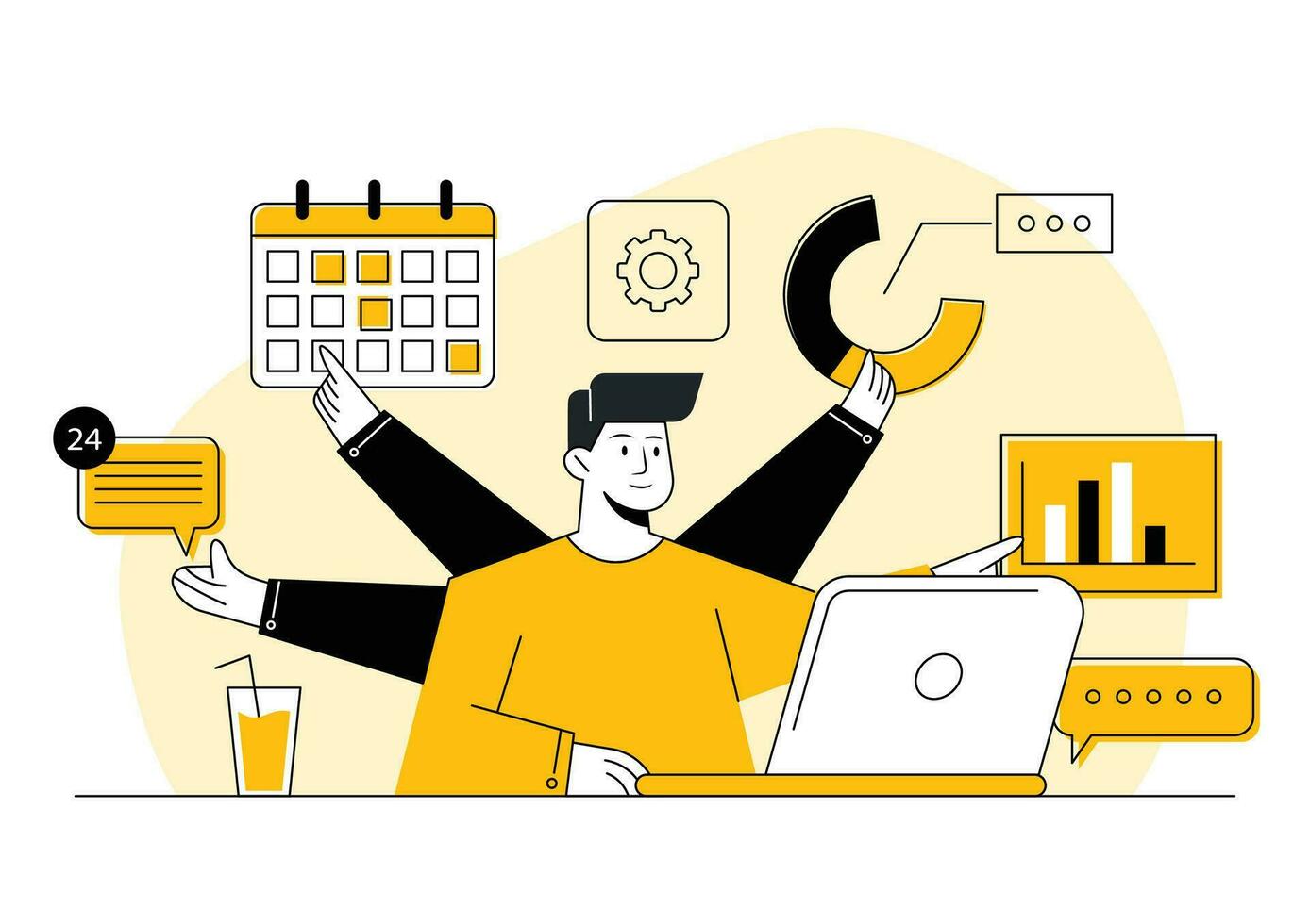 Multitasking business person flat illustration concept, Deadline, Man in office with a lot of work, Employee stressed out on workplace, Multitask activities with many hands at office, time management vector