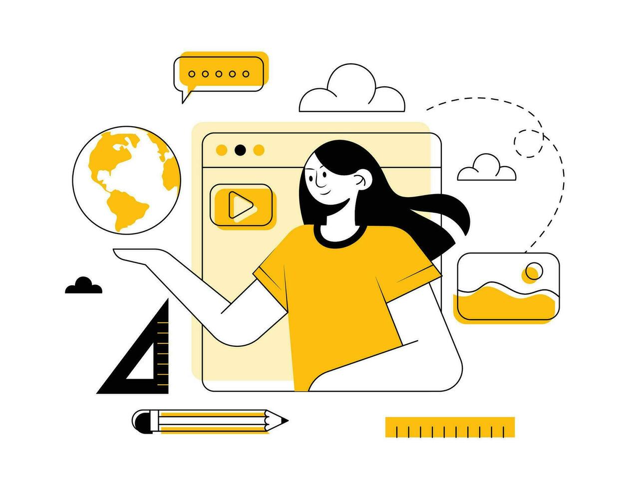 Female student studying online, Online education vector flat illustration concept, Online learning, Student use technology for studies, e-learning