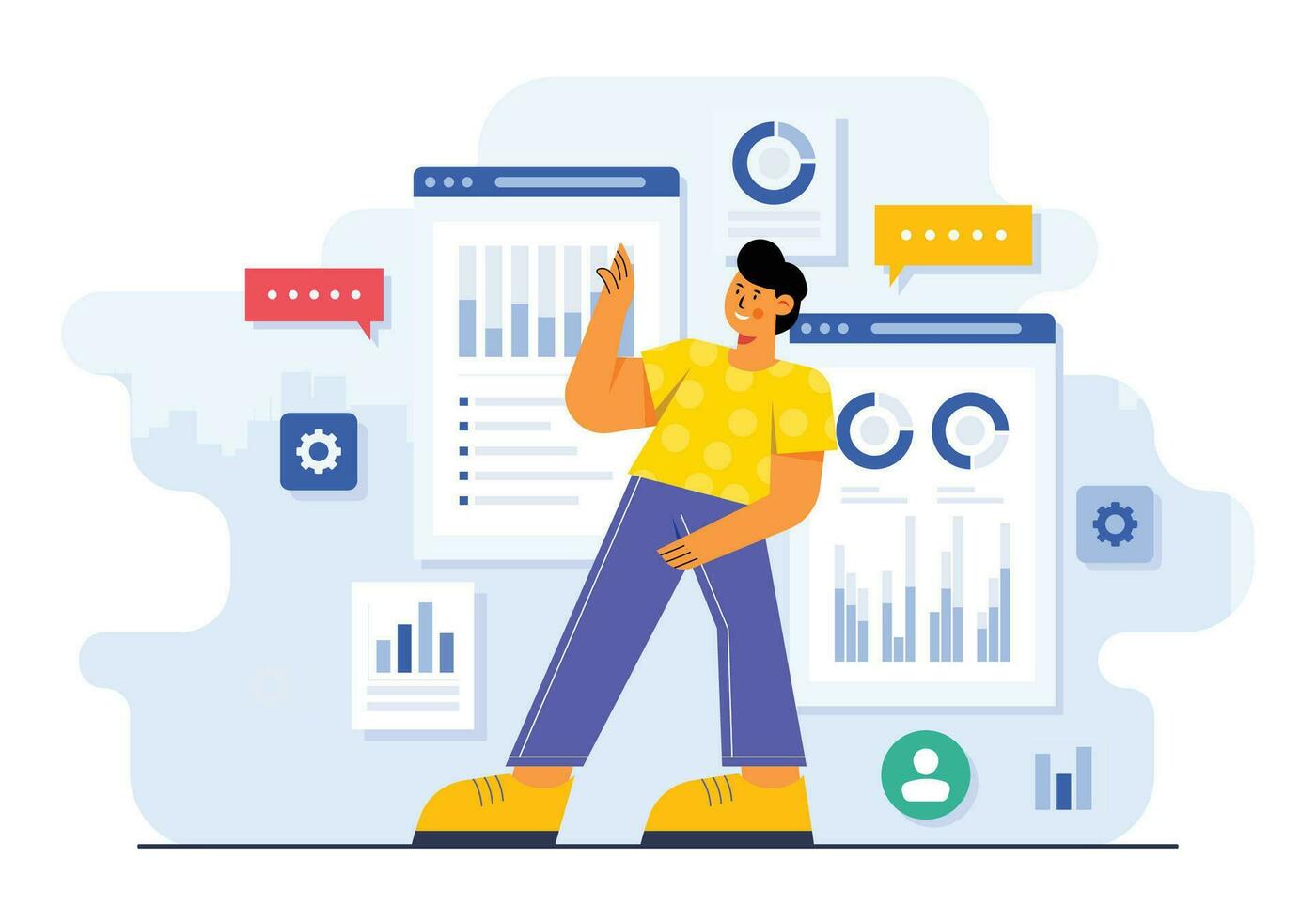 Market analysis, Business plan, Market research, Business strategy, Male cartoon character doing market analysis vector