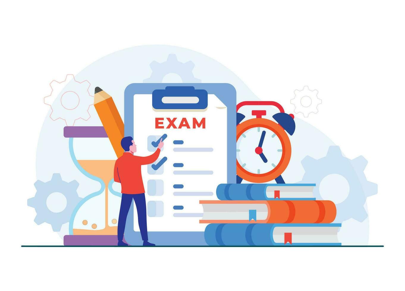 Paper test with timer and hourglass, Exam concept flat illustration concept, Examination, Survey, Checklist, Test, quiz vector