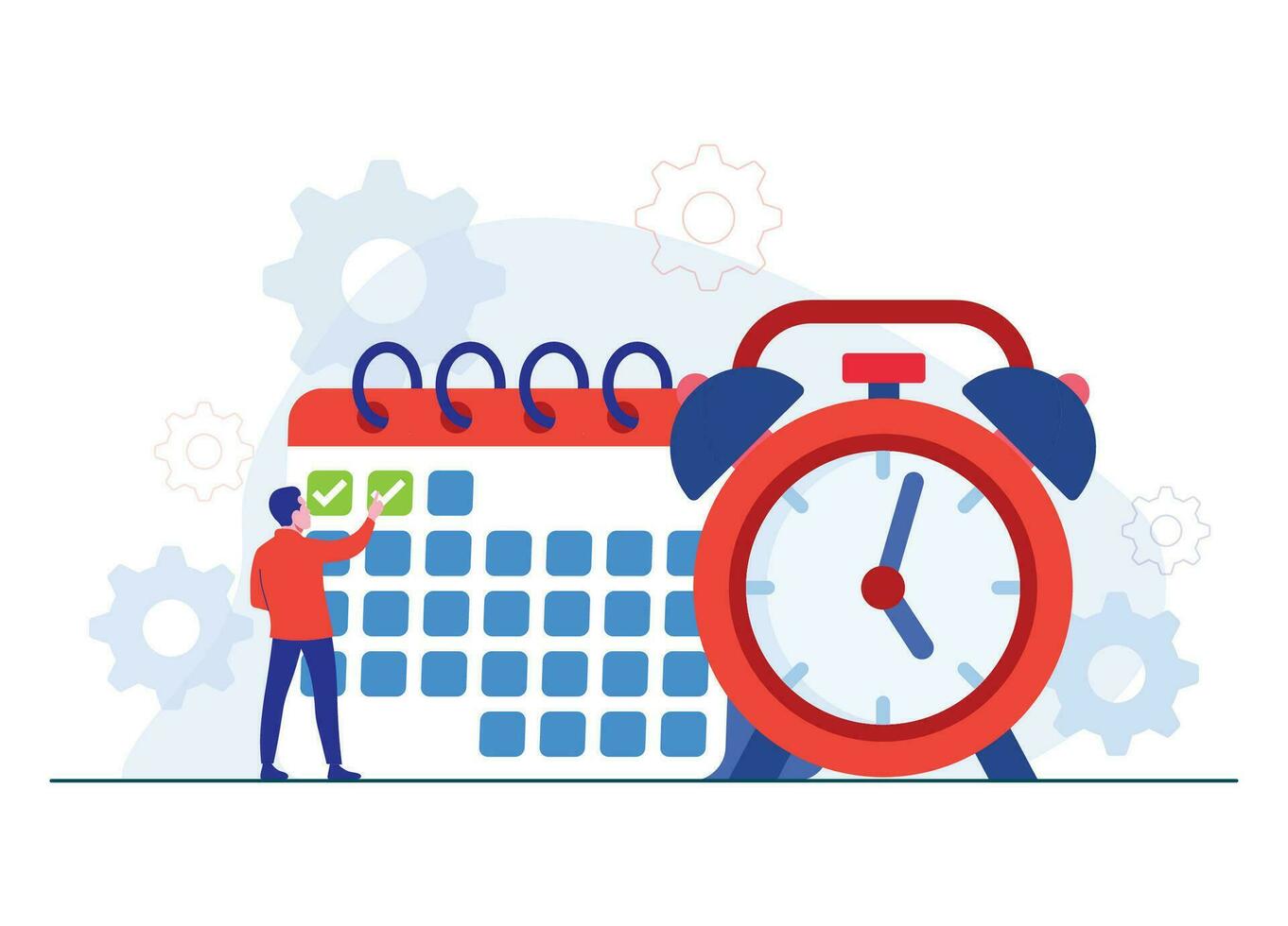 Schedule management, Planning day, Employee planning work tasks, Planning and organizing upcoming tasks using a calendar, Time management, and Completing work tasks vector