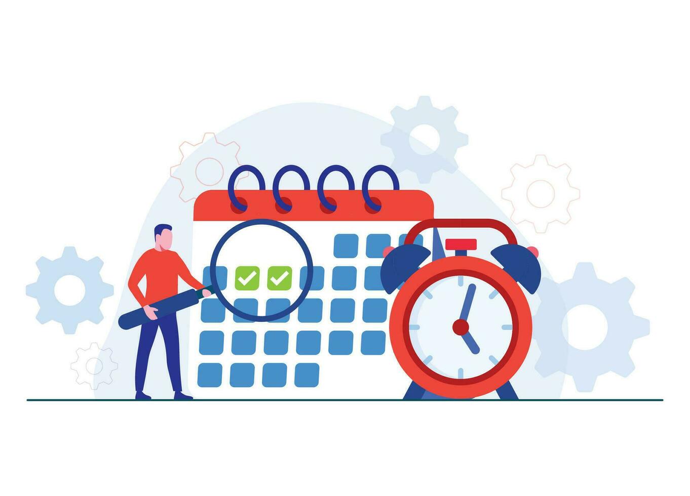 empoderamiento negocio planificación y eficiencia - negocio hora gestión, productividad, plano ilustración de un masculino empleado con calendario y reloj, eficiente dia de trabajo vector