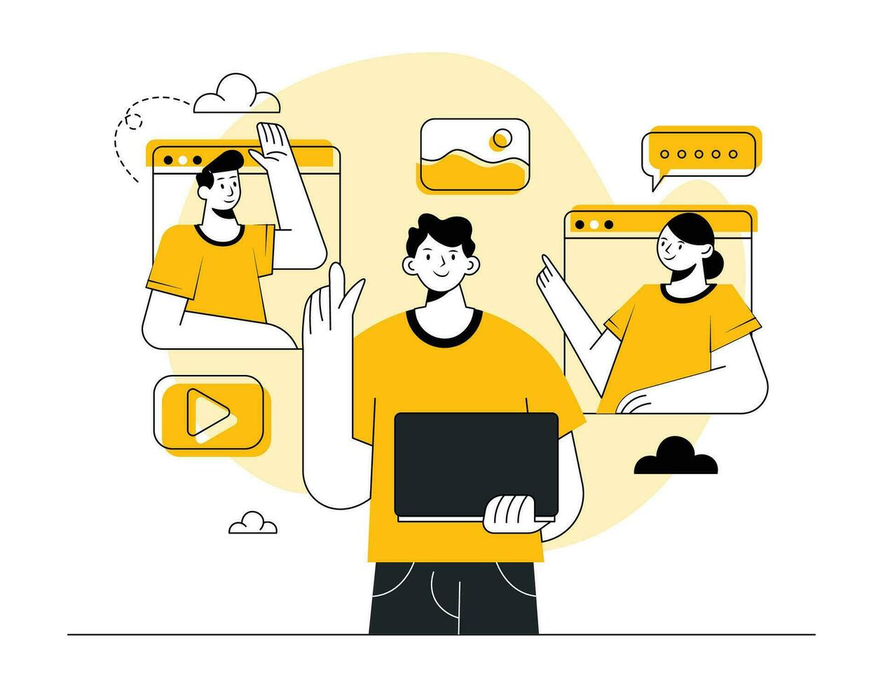 Businesspeople at video conference call, Online meeting, Virtual meeting, Chatting with friends online, Remote work, Customer service communication, Hotline operator, Distant Business communication vector