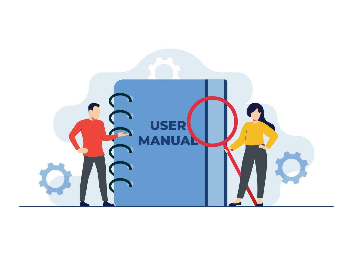 Characters checking user manual book, Handbook, Guidebook, instruction book, Customer guide, Useful information, Technical document, Help, Specifications user guidance flat illustrations vector
