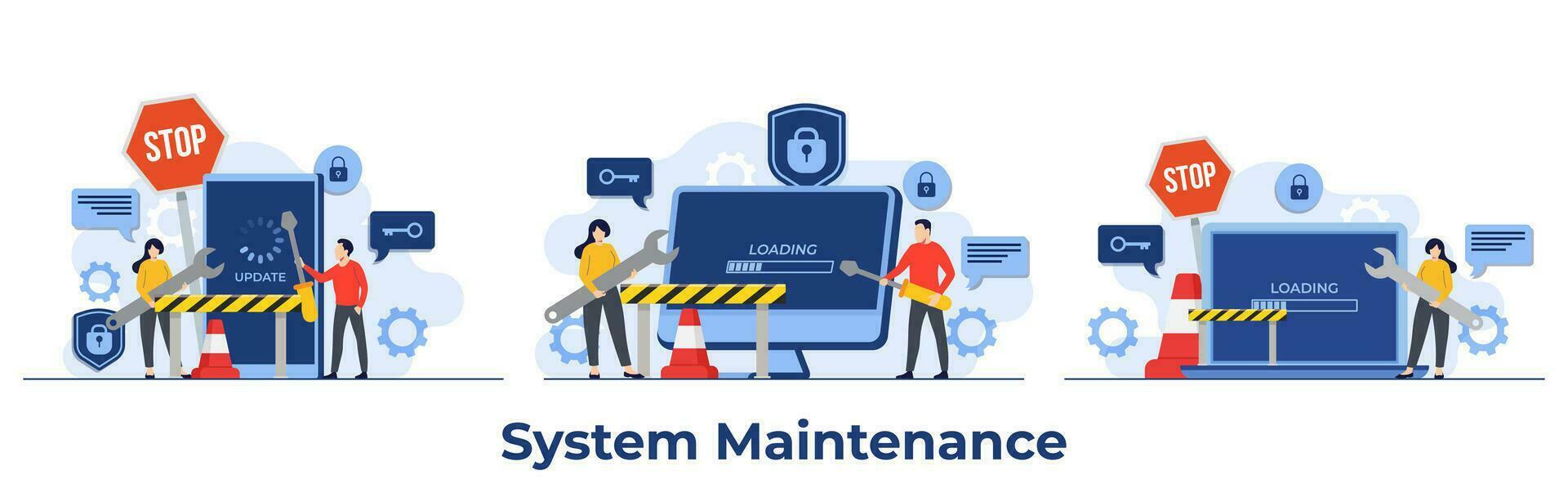 conjunto de sistema mantenimiento vector ilustración, error, fijación problema, dispositivo actualizando, software sistema debajo mantenimiento, software potenciar proceso en dispositivos, personas actualizar operación sistema