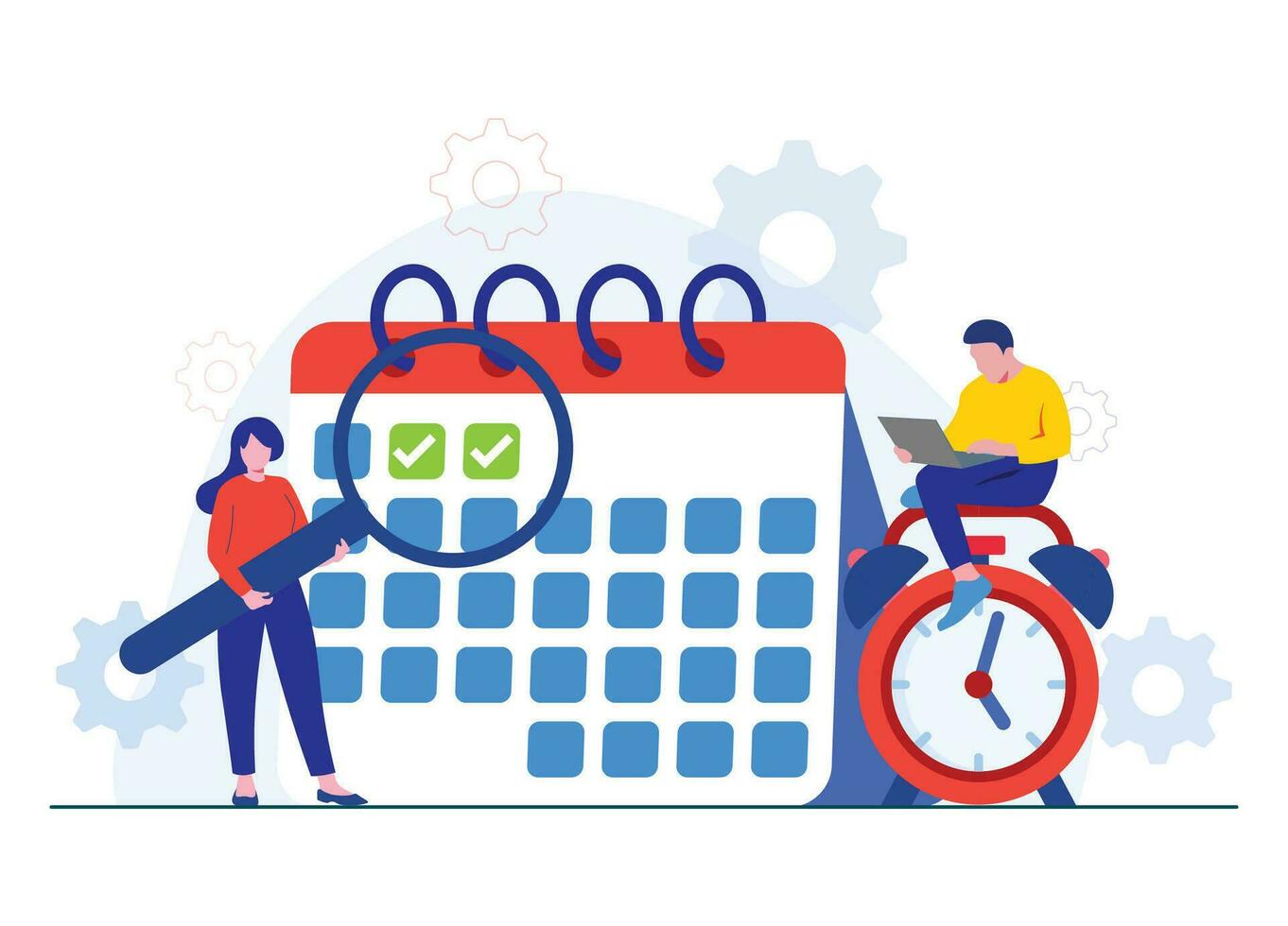 Schedule management, Planning day, Employee planning work tasks, Planning and organizing upcoming tasks using a calendar, Time management, and Completing work tasks vector