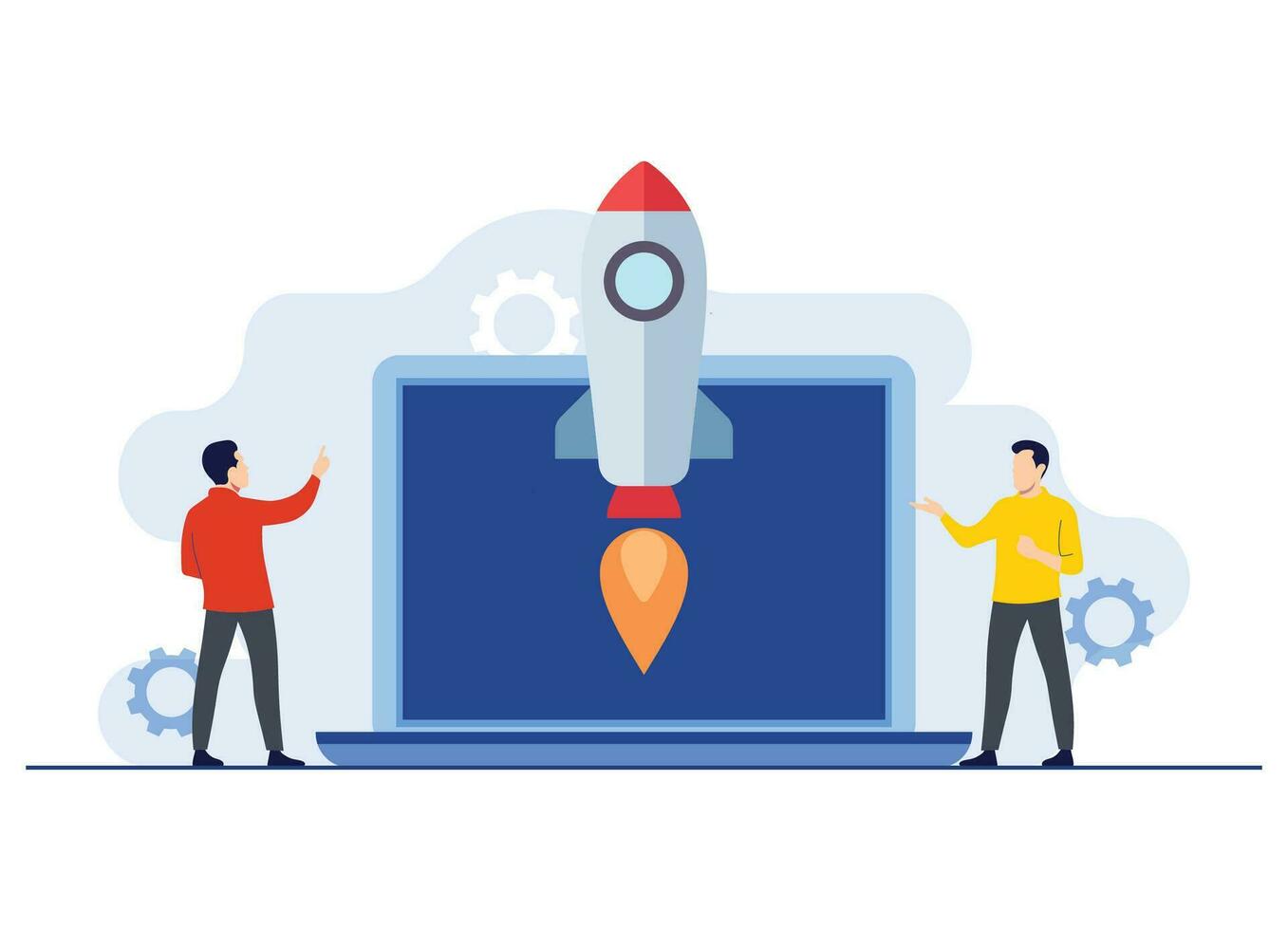 Startup rocket launch by business people or employees, Success of new project, entrepreneurship, New idea, Teamwork on new idea flat illustrations for web banner, landing page, infographic, mobile app vector