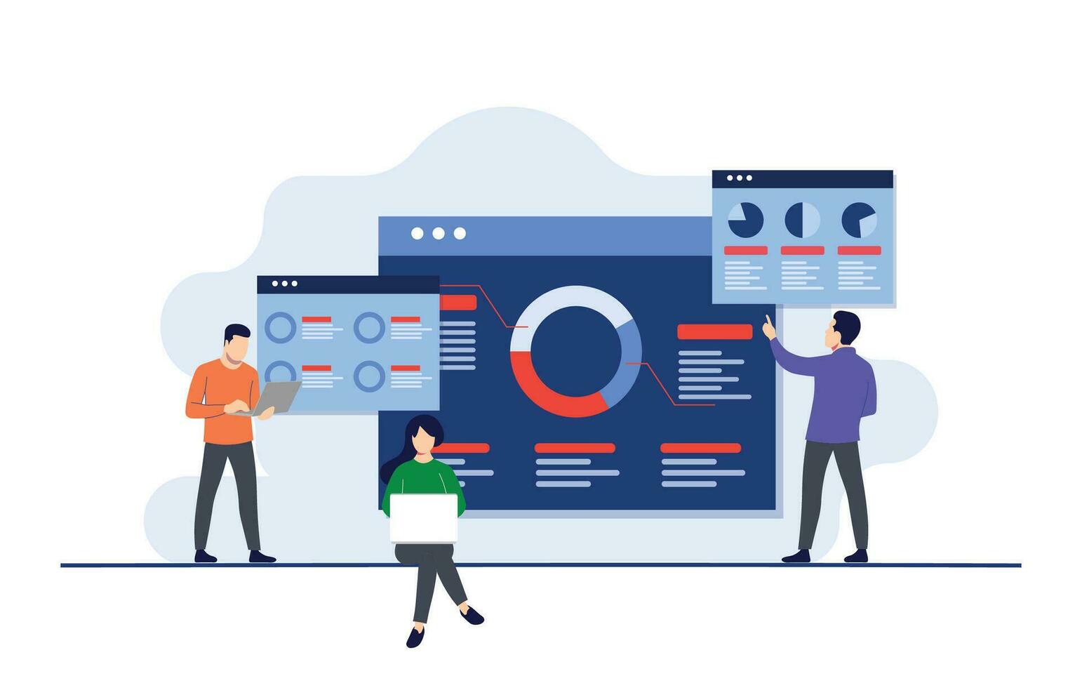 Business analysis flat illustration, Infographic background of SEO optimization, Business people looking seo analytics dashboards, Financial reports, Statistics, Financial Research, Marketing vector