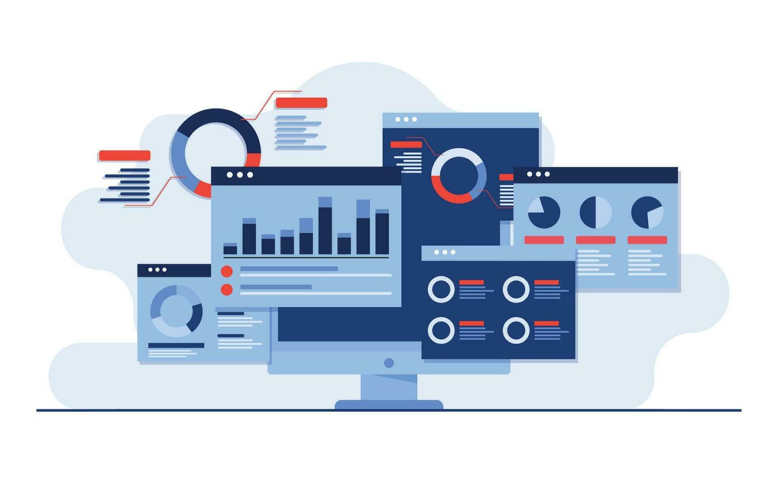 Data and information displaying on dashboards, SEO marketing advertising analytics vector illustration concept, Marketing analytics, Market research, Business Analysis