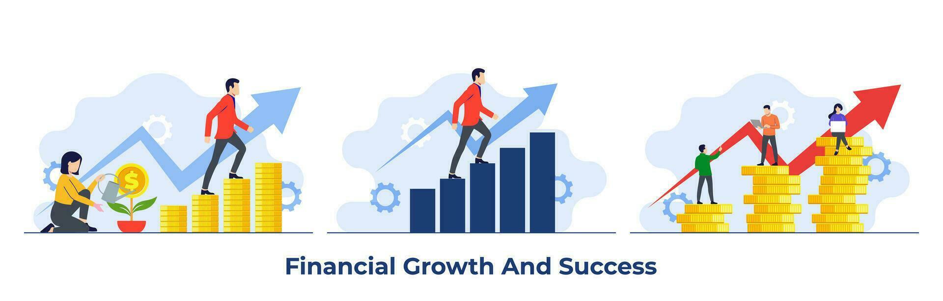 Set of financial growth flat illustrations, Business finance, Saving money, Investment, personal growth, Self-improvement, Self-development, Metaphor growth personality, Career growth, vector