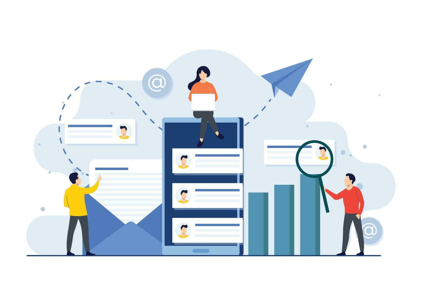 Email marketing campaign flat illustration vector concept, Online business strategy, Advertising, Email newsletter, messaging, Marketing concept for landing page, web banner, social media, infographic