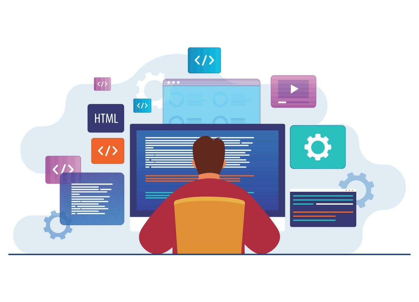 Man working as programmer, Writing code using laptop, Website developer, Coding software on computer screen flat illustration vector template