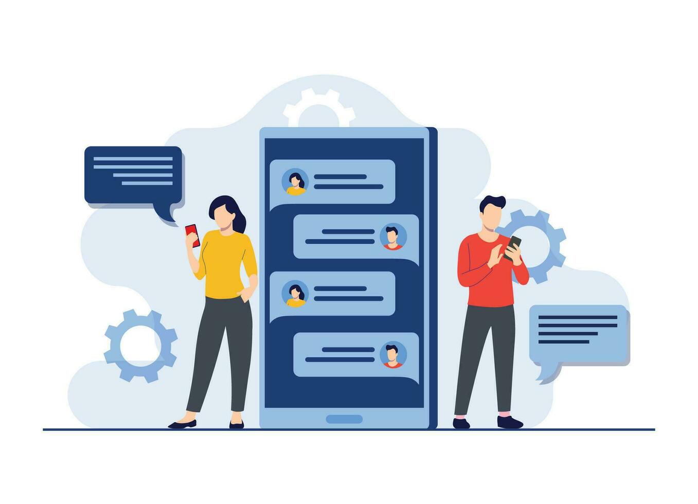 Two characters communicating on an online chatting platform, Texting on mobile phone, communication, Dialog, Internet chatting concept, man and woman connecting together using a smartphone vector