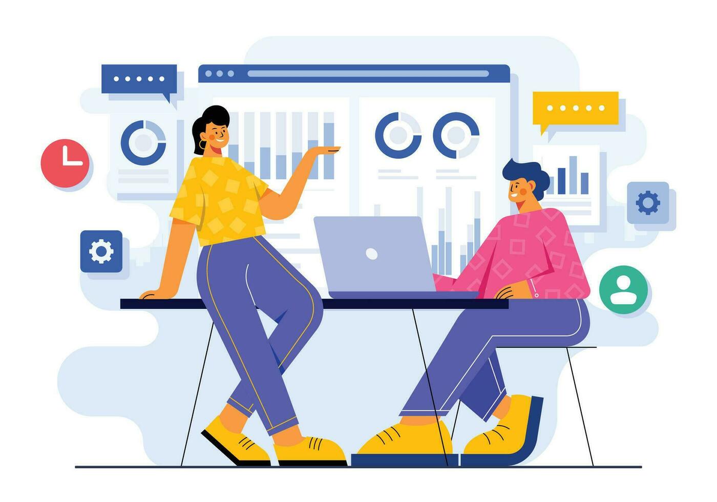 Businesspeople discussing the business plan, Business meeting, Project strategy, Business people working together, Teamwork, Brainstorming, Market analysis, Analytics flat vector illustration