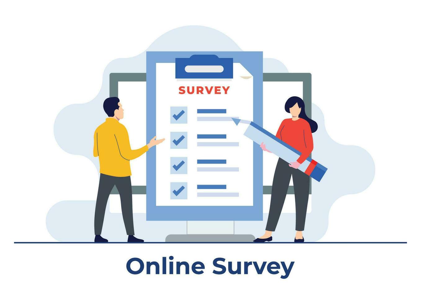 Online survey form on the computer screen flat illustration vector concept, people filling survey form, Feedback service, Laptop with a checklist, Online test