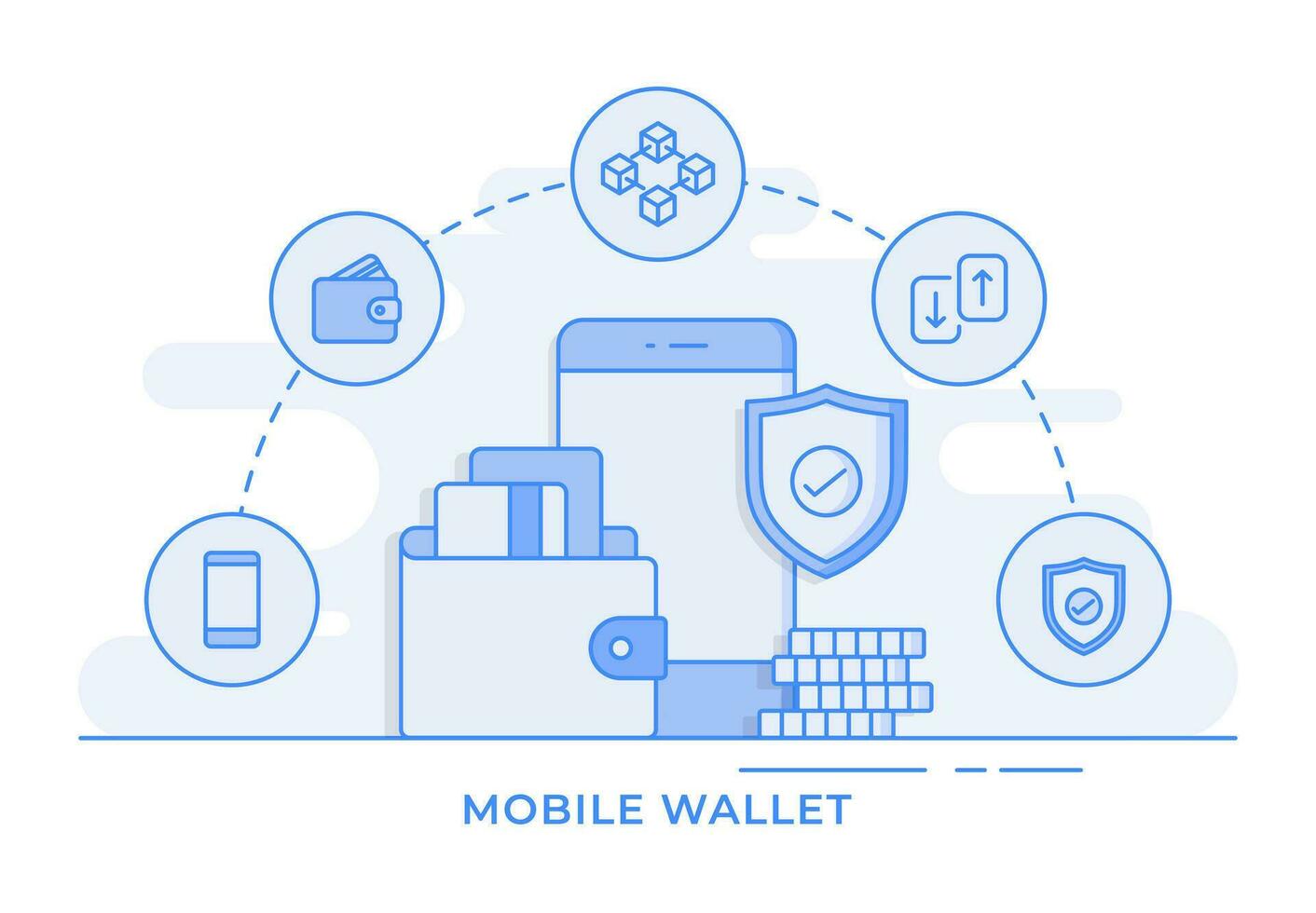 mobile wallet, digital wallet, e-wallet concept thin line flat illustration infographic for landing page, banner, mobile app, Web design, UI UX vector