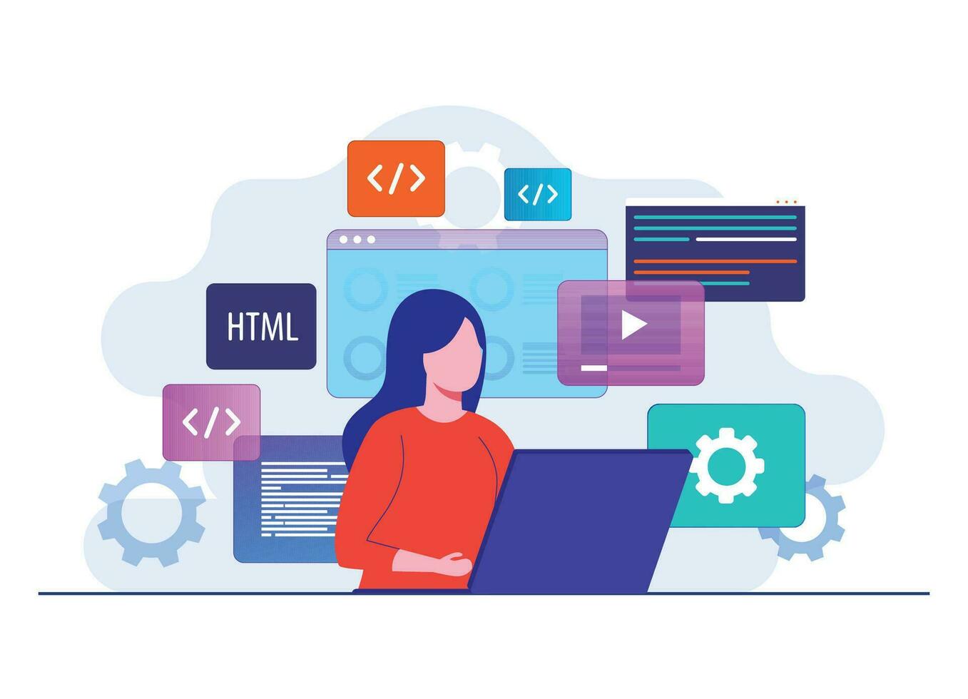 Woman working as programmer, Writing code using laptop, Website developer, Coding software elements on background flat illustration vector