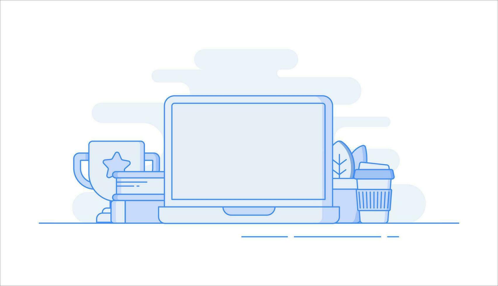 Laptop computer with books, coffee cup, plant, victory cup, speaker flat vector illustration in line art style