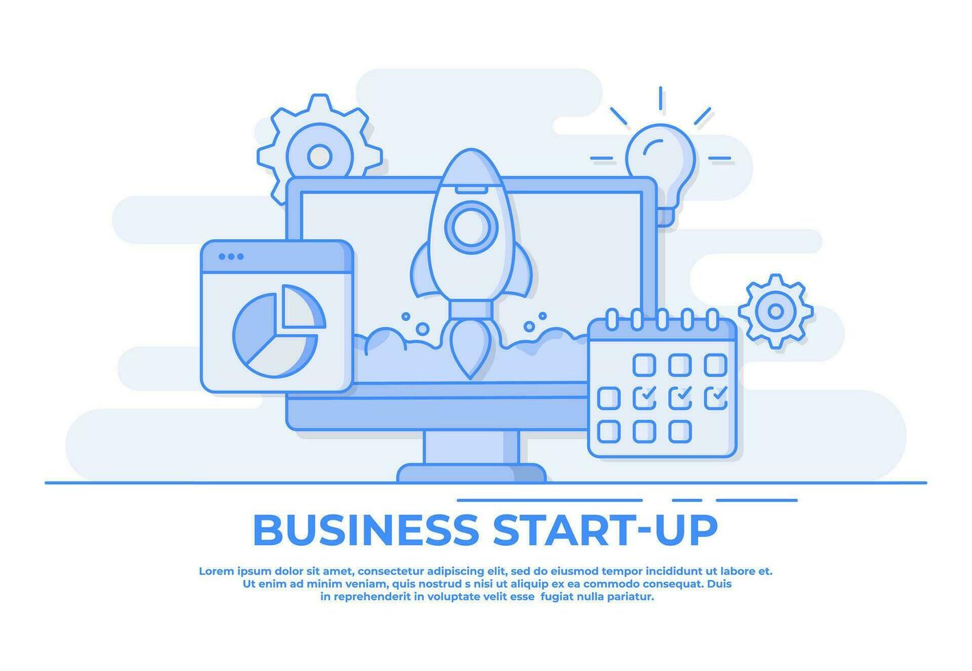 Startup business project concept thin line flat vector illustration, Rocket launch on computer screen for  landing page, web banner, mobile application, web design,