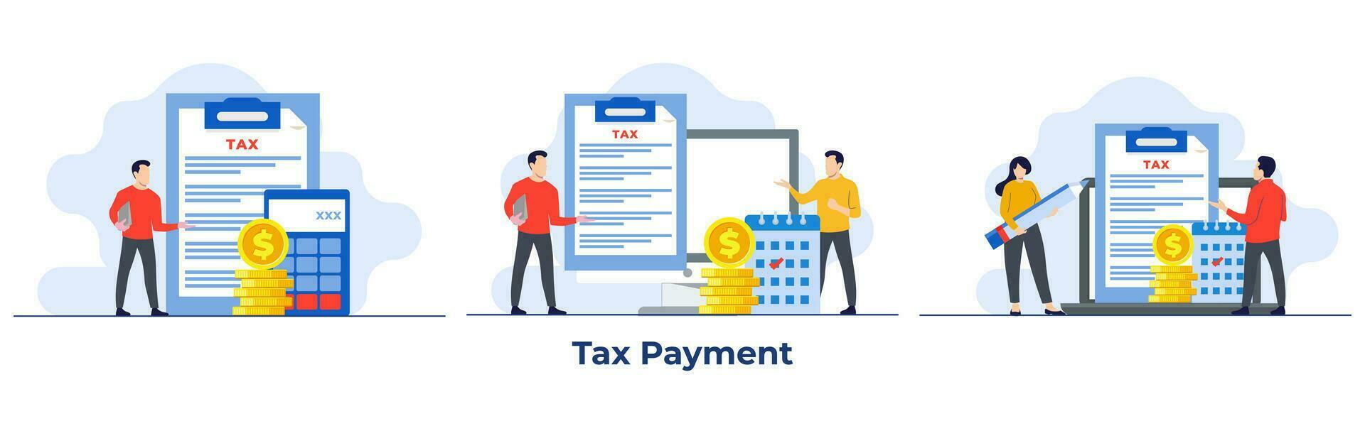 Set of tax payment flat illustration vector templates, Paperwork, Tax form, Audit, Financial research report and calculation, Financial Accounting, paying taxes