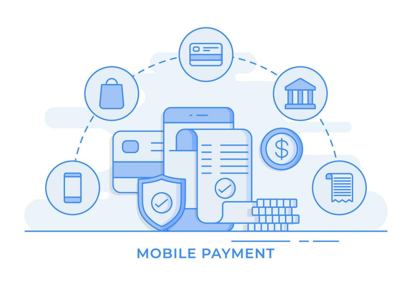 Mobile phone bill payment, Paid by credit card, Online shopping thin line flat illustration infographic for landing page, banner, mobile app, Web design, UI UX vector