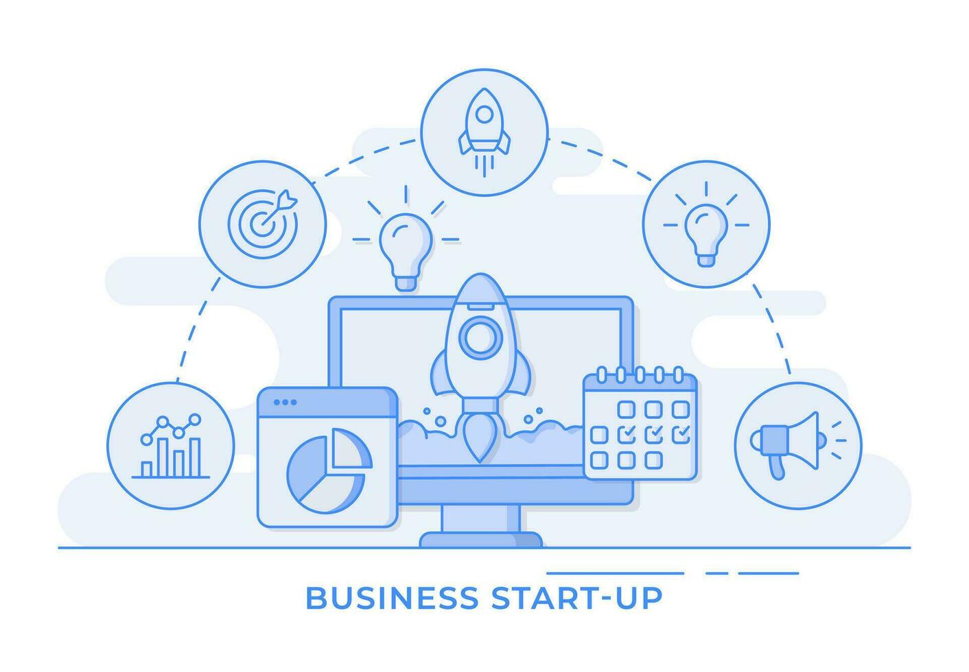 Startup business project thin line flat vector illustration infographic, Business development, Business strategy, analytics for landing page, web banner, web design, presentation