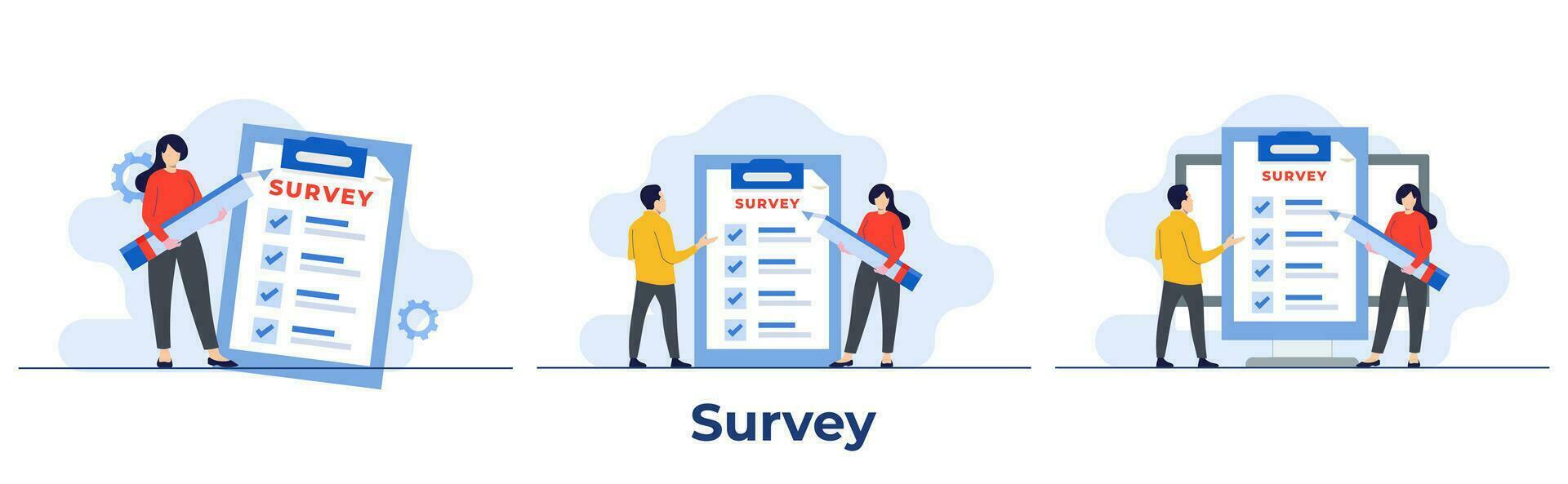 Set of survey concepts flat illustrations, Online survey form, Clipboard with checkboxes, Checklist, Complete tasks, To-do list concept flat for business task, exams, Feedback service vector