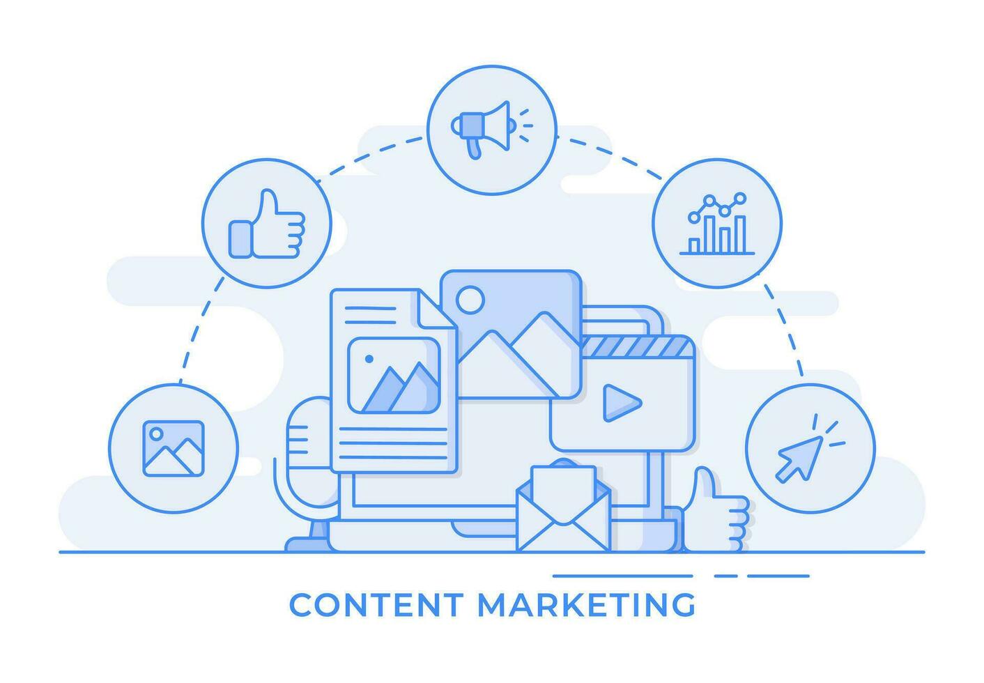 Content marketing thin line vector flat illustration infographic for landing page, web banner, mobile application, Web design user interface, UI UX