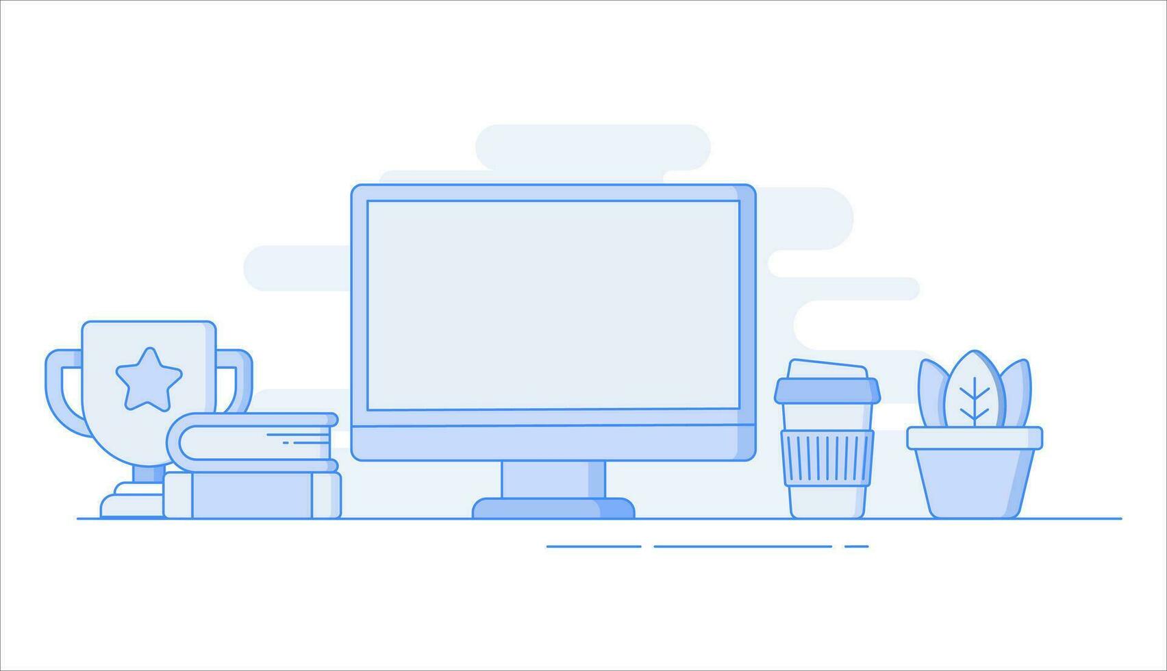 Computer workstation with books, coffee cup, plant, victory cup flat vector illustration in line art style.