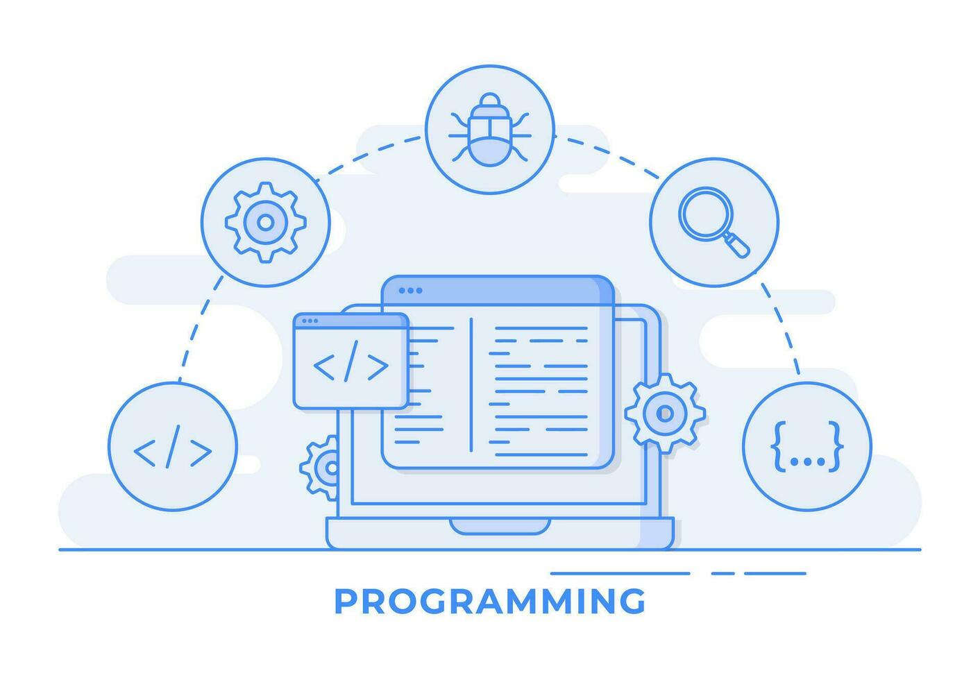 web desarrollo Delgado línea vector ilustración infografía, codificación en ordenador portátil pantalla, y programación concepto para aterrizaje página, web bandera, móvil solicitud, web diseño usuario interfaz, ui ux