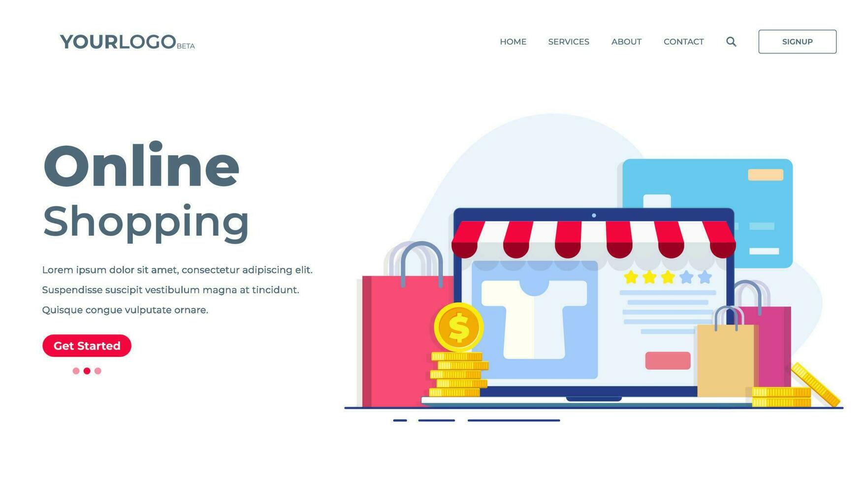 online shopping concept flat vector illustration for landing page, web banner, Fashion clothing online store on laptop screen, Online shop, e-commerce,