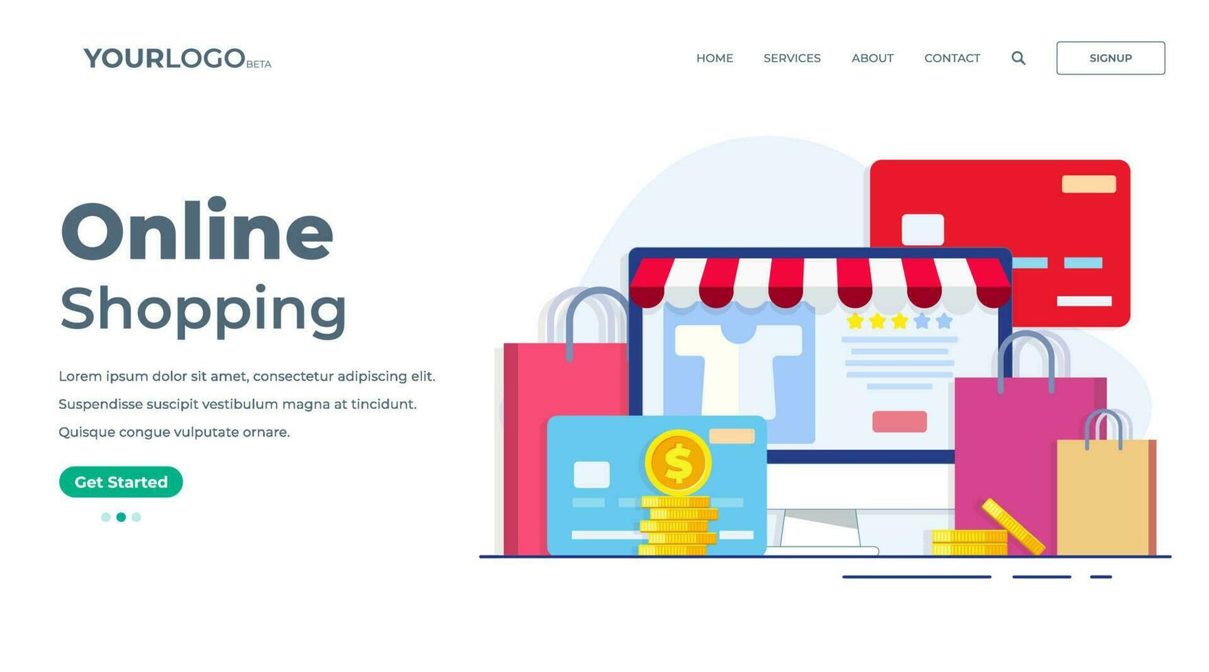online shopping concept flat vector illustration for landing page, web banner, Fashion clothing online store on desktop computer screen, Online shop, e-commerce,