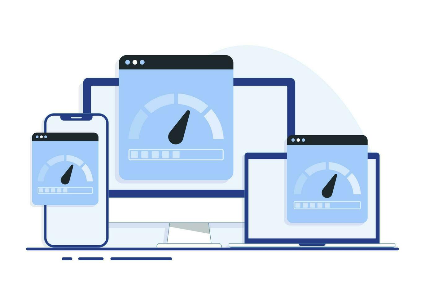 Smartphone, laptop and computer with internet connection speed test on the screen, Internet download speed, and network performance on web page flat illustration vector