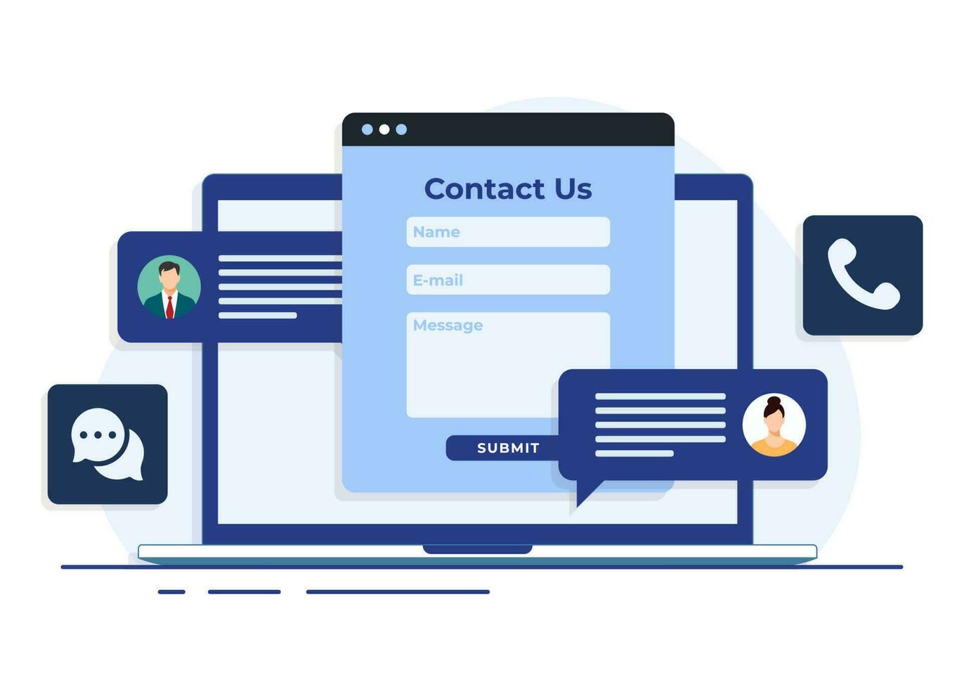 Contact us form on laptop screen with message bubbles flat illustration for web banner, mobile app, business presentation, Customer support, customer service, online support, help desk vector