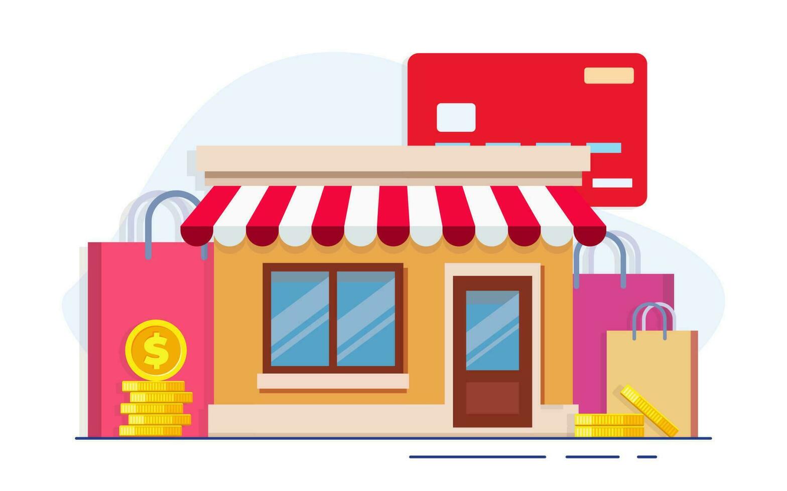 Tienda edificio plano vector ilustración, dibujos animados tienda fachada frente ver con compras bolsas, crédito tarjeta, monedas
