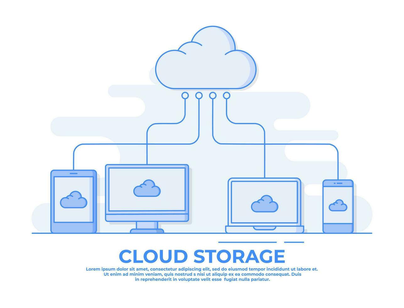 Cloud computing technology network with computer monitor, laptop, tablet, and smartphone, Cloud storage vector flat illustration for landing page, web banner, web design