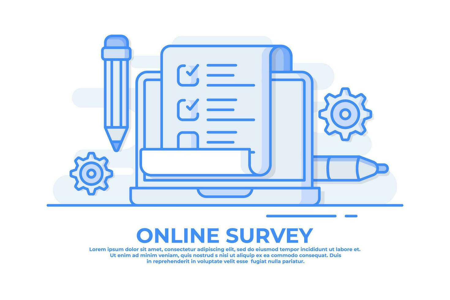 Online survey on laptop computer flat illustration for web banner, website, infographics, Quiz exam paper sheet document, clipboard with checkboxes, checklist, complete tasks, To-do list, vector